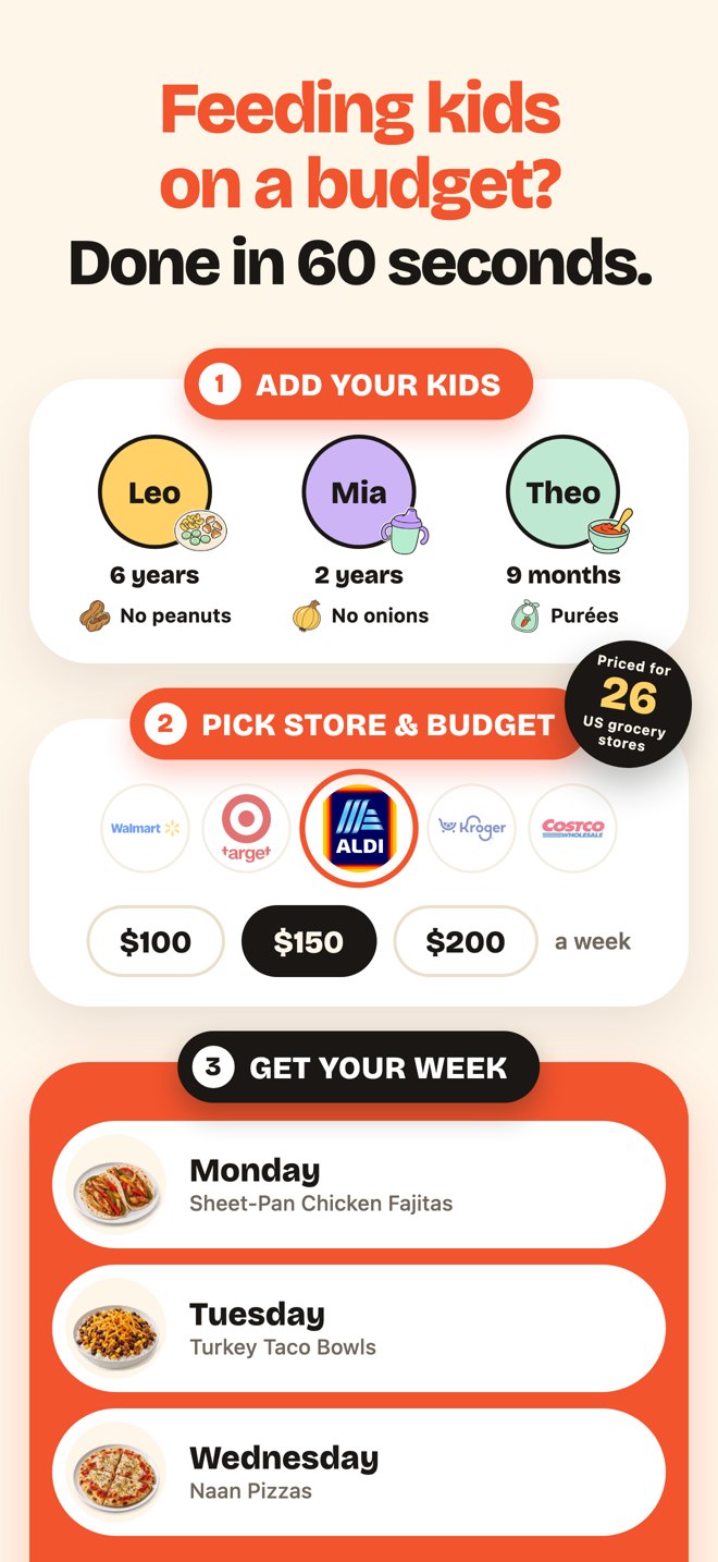 Mom Menu: add your kids, pick your store and budget, get your week